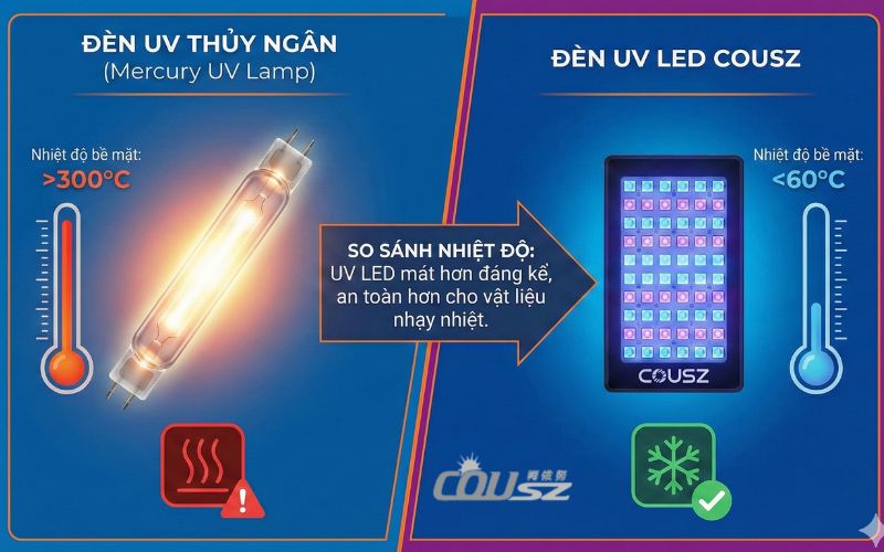 So Sánh Nhiệt độ Bề Mặt Giữa đèn Uv Thủy Ngân Và Uv Led Cousz