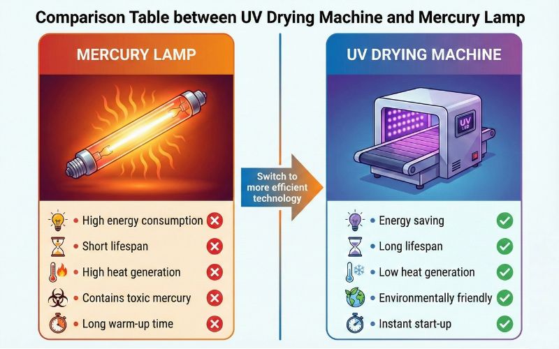 A Visual Uv Curing Systems vs Mercury Lamps Comparison Showing Energy Output Differences.