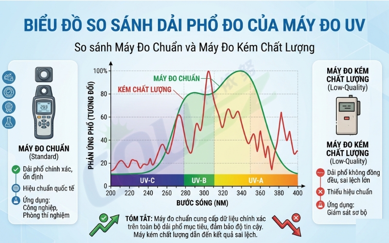 So Sánh Máy đo Cường độ Uv Dựa Trên Dải Phổ Và độ Chính Xác Hiệu Chuẩn.