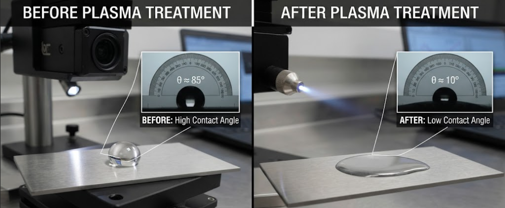 Đo Góc Tiếp Xúc Trước Và Sau Khi Xử Lý Bề Mặt Với Plasma Cho Tấm Kim Loại